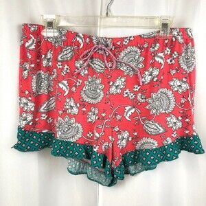 LAYLA Womens Large Soft Pajama Lounge Shorts Coral & Green Floral Ruffle Hem L